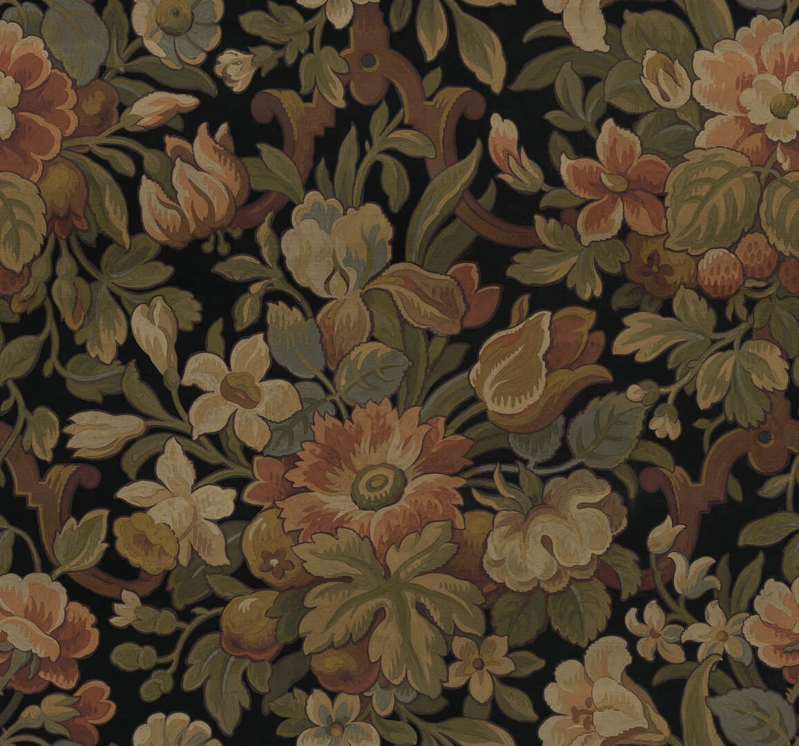 Fototapeta kwiaty vintage Rebel Walls R19241 Vintage Flora Ebony Vintage Brocade