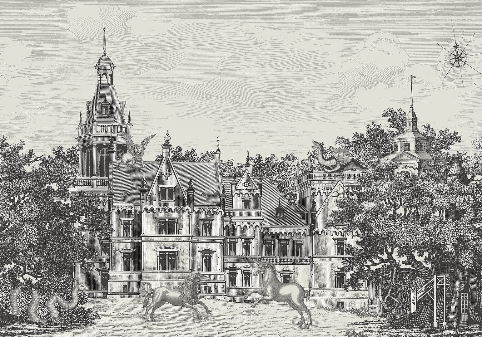 Fototapeta tajemniczy zamek Rebel Walls R19256 Fairyland Graphite Vintage Brocade