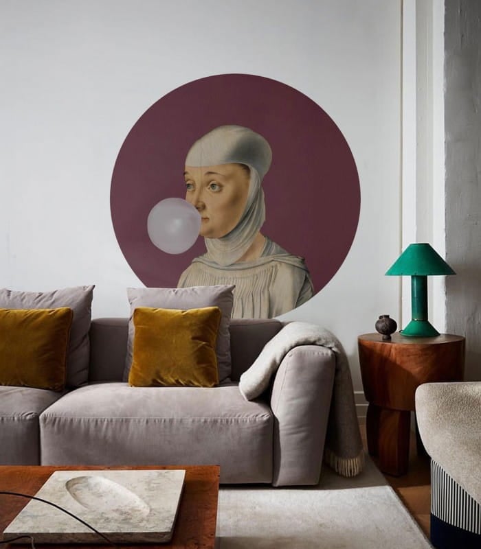Mural okrągły portret kobiety Dots Woman with Bubble Gum Eggplant 8725 Wallcolors