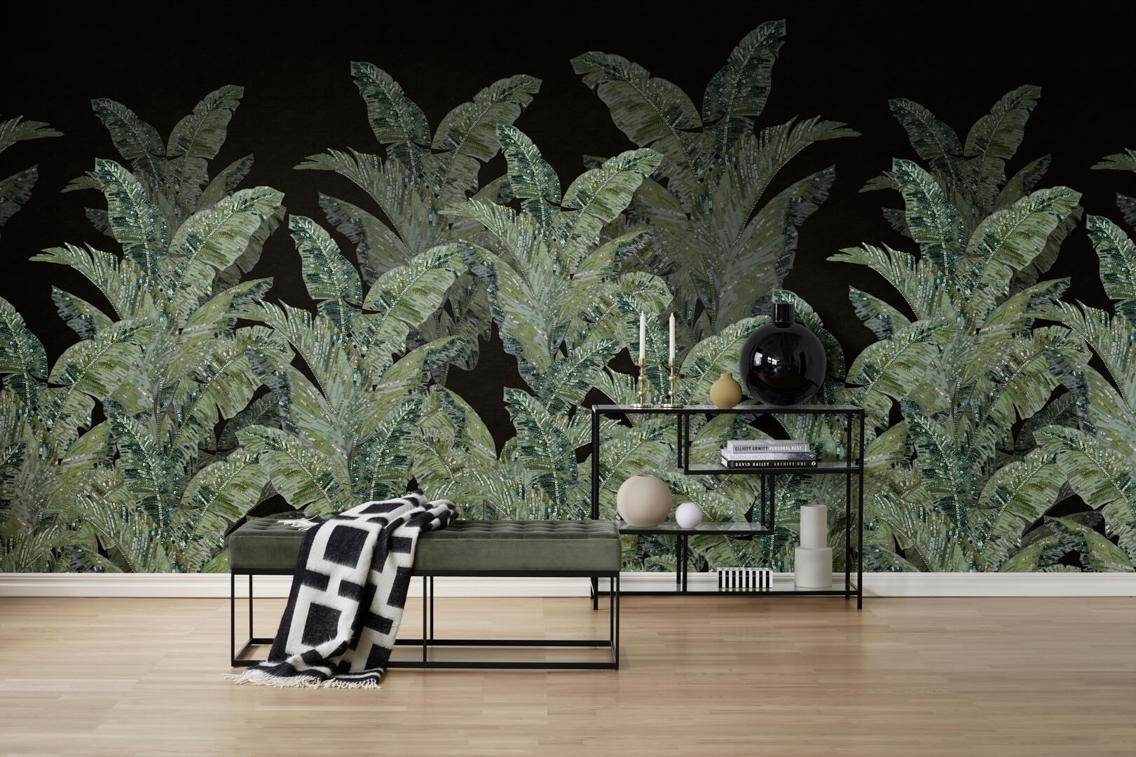 Fototapeta tropikalne liście Rebel Walls R19525 Jungle Pearl Black Lars Wallin