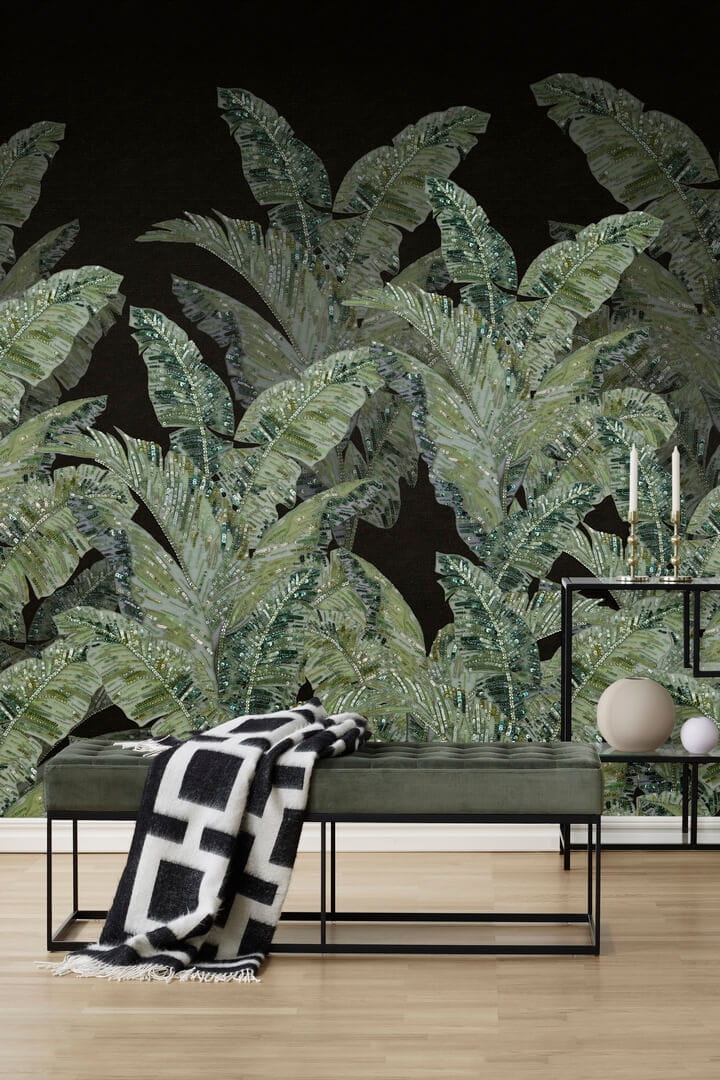 Fototapeta tropikalne liście Rebel Walls R19525 Jungle Pearl Black Lars Wallin