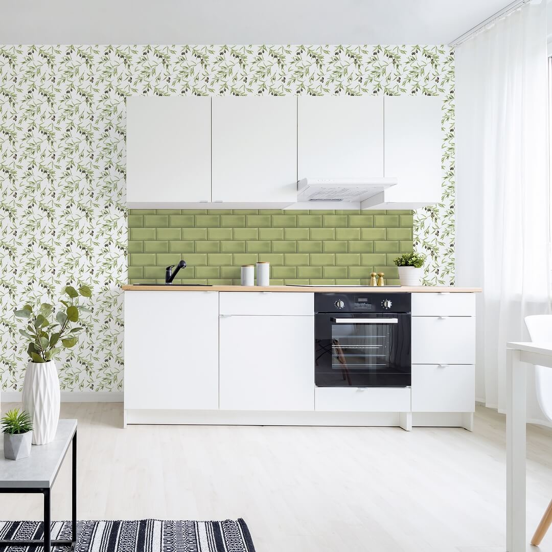 Tapeta kuchenna w gałązki oliwne i oliwki Galerie G45450 Just Kitchens