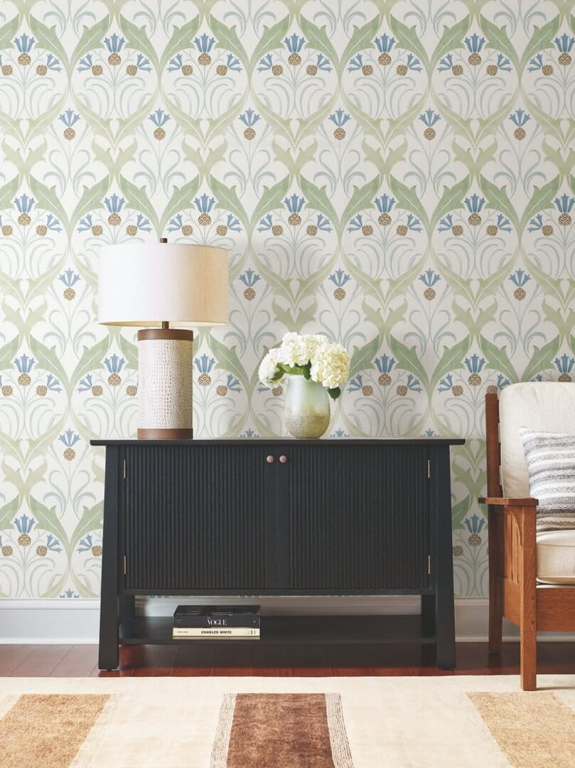 Tapeta liście i kwiaty bławatka York Wallcoverings AC9173 Pinecone Ribbon Art & Crafts