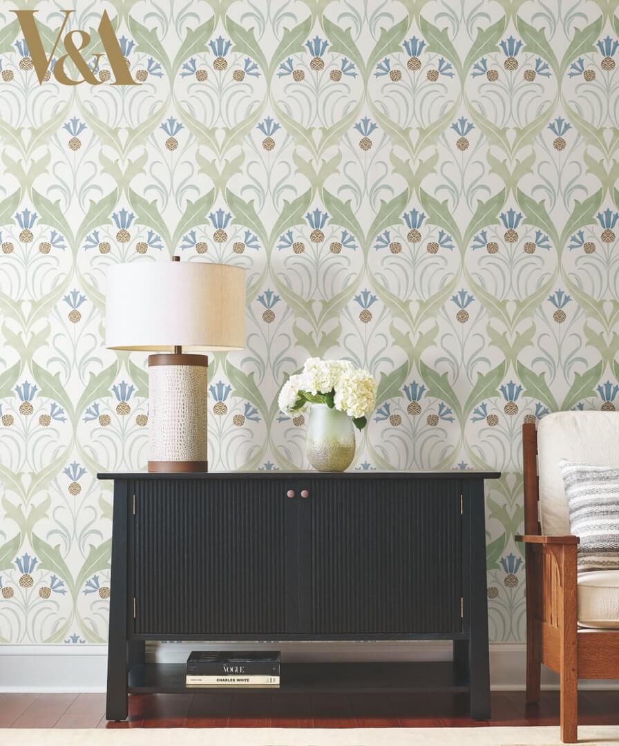 Tapeta liście i kwiaty bławatka York Wallcoverings AC9173 Pinecone Ribbon Art & Crafts