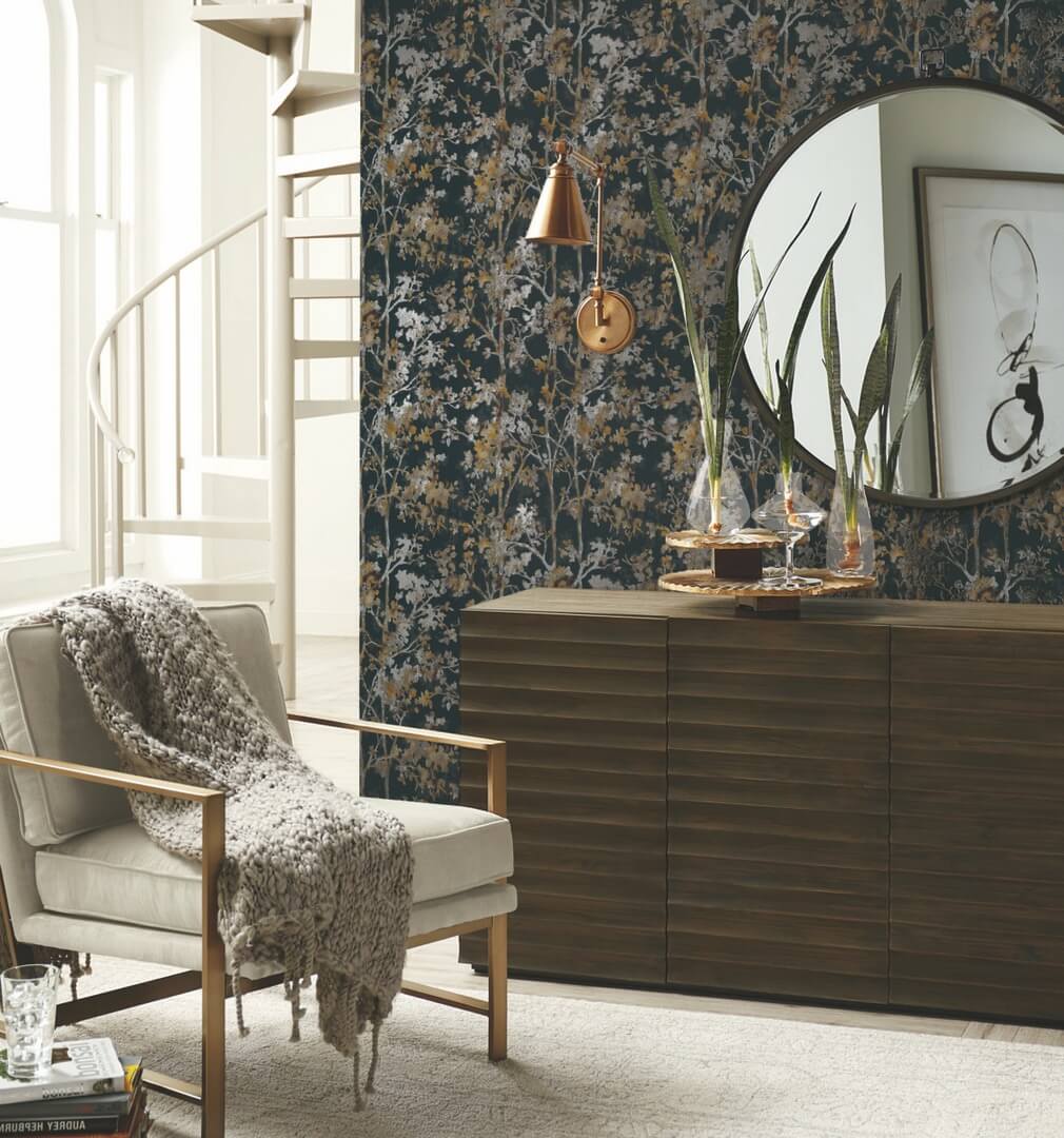 Tapeta roślinna York Wallcoverings NW3580 Shimmering Foliage Modern Metals 2