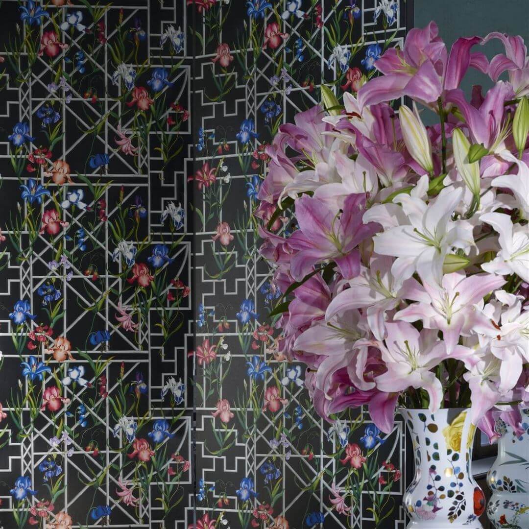 Tapeta kwiaty i bambusowy treliaż Christian Lacroix PCL7045/03 Fretwork Garden Lacroix Stravaganza