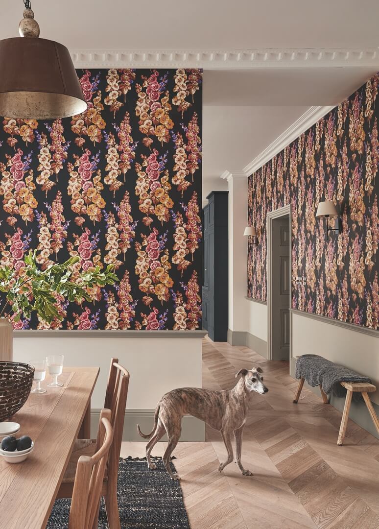 Tapeta kwiaty vintage Sanderson 217032 Hollyhocks One Sixty