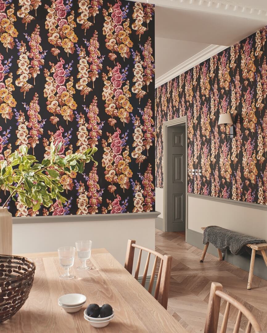 Tapeta kwiaty vintage Sanderson 217032 Hollyhocks One Sixty
