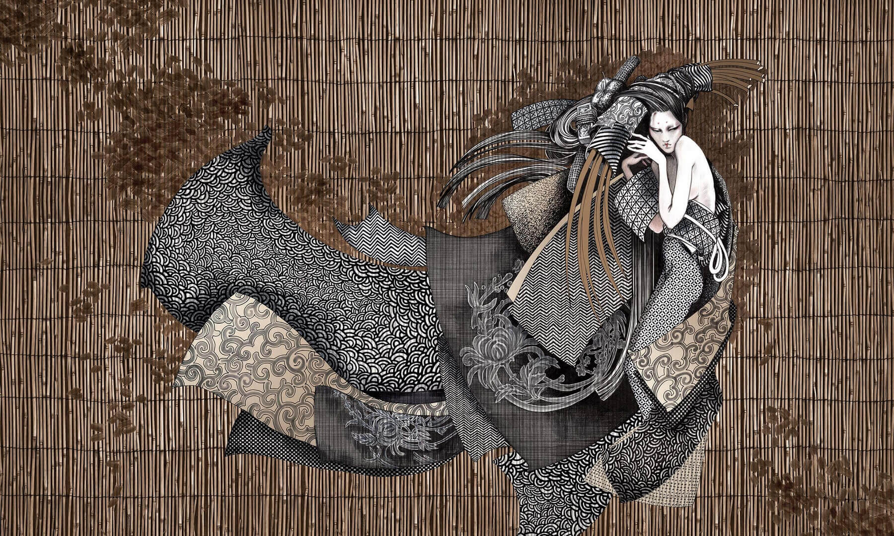 Fototapeta gejsza i maty bambusowe Wonderwall Asami 35091804
