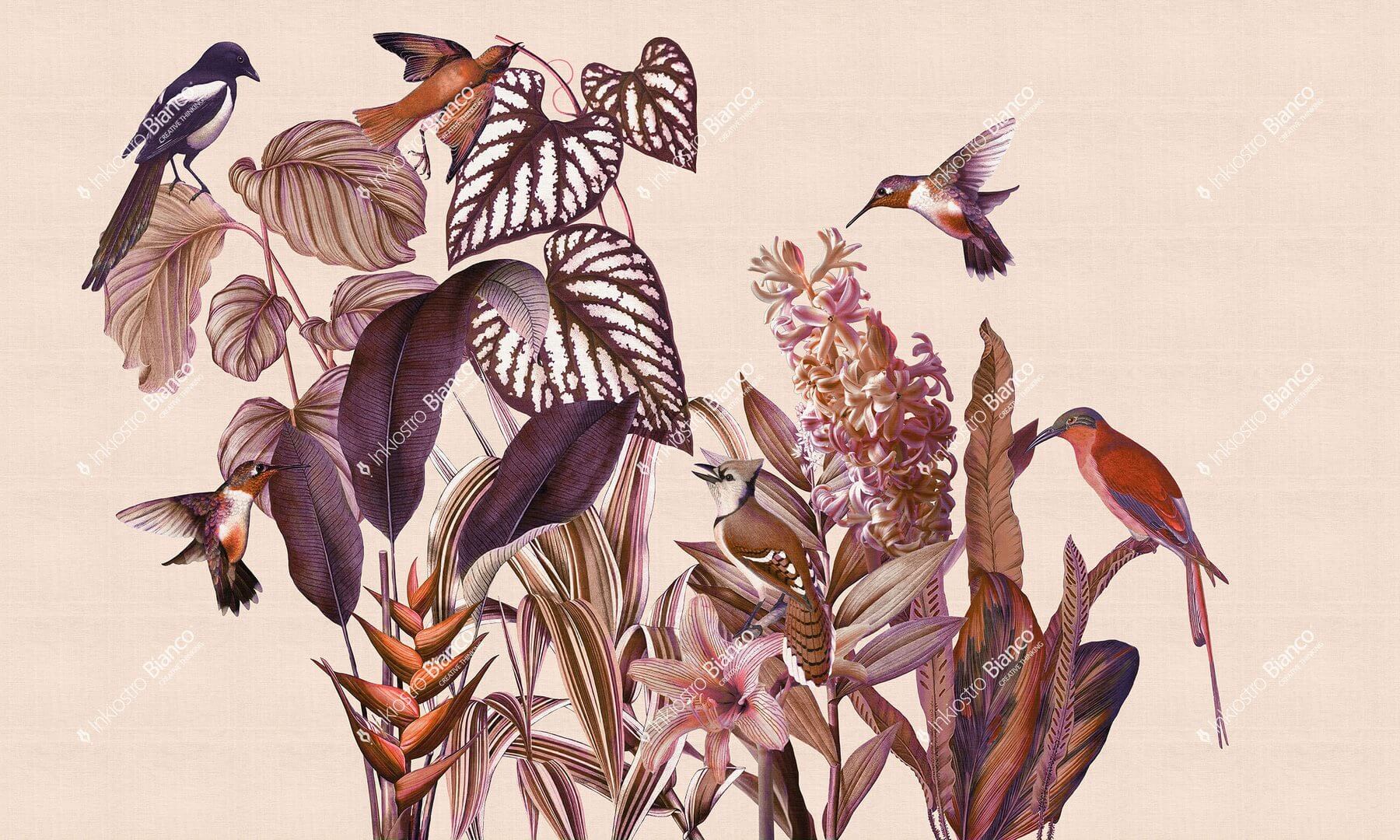Fototapeta botaniczna – kwiaty, liście i ptaki Inkiostro Bianco SOULMATE INKOCEG2301 Flow