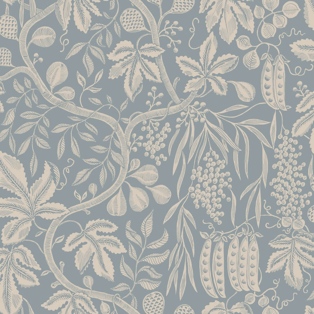 Tapeta roślinna w owoce i liście Sandberg S10260 Fig garden Misty Blue Le Village