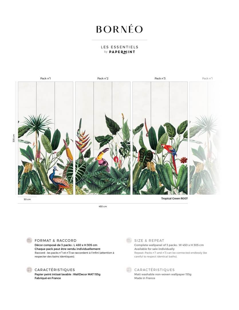 Mural egzotyczne ptaki i tropikalna roślinność PaperMint BORNEO Tropical Green R007 Les Essentiels