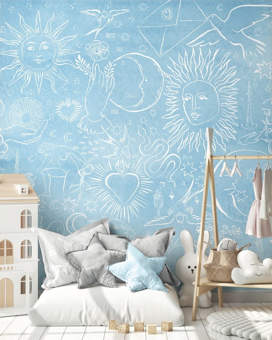 Mural z mistycznymi wzorami PaperMint DIVIN Fond Bleu Celestine R039 Les Essentiels