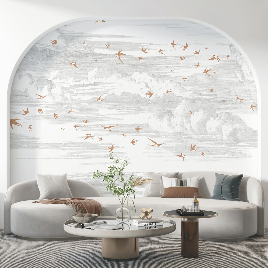 Mural chmury i jaskółki PaperMint ENVOLEE Terre de Sienne - Fond Grisaille R042 Les Essentiels