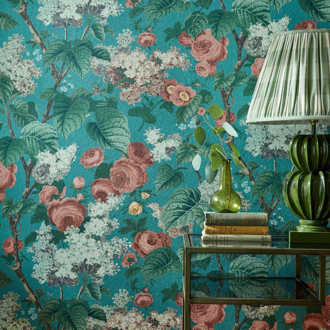 Tapeta angielski ogród 1838 Wallcoverings 2311-168-03 Floribunda Teal V&A Decorative Papers
