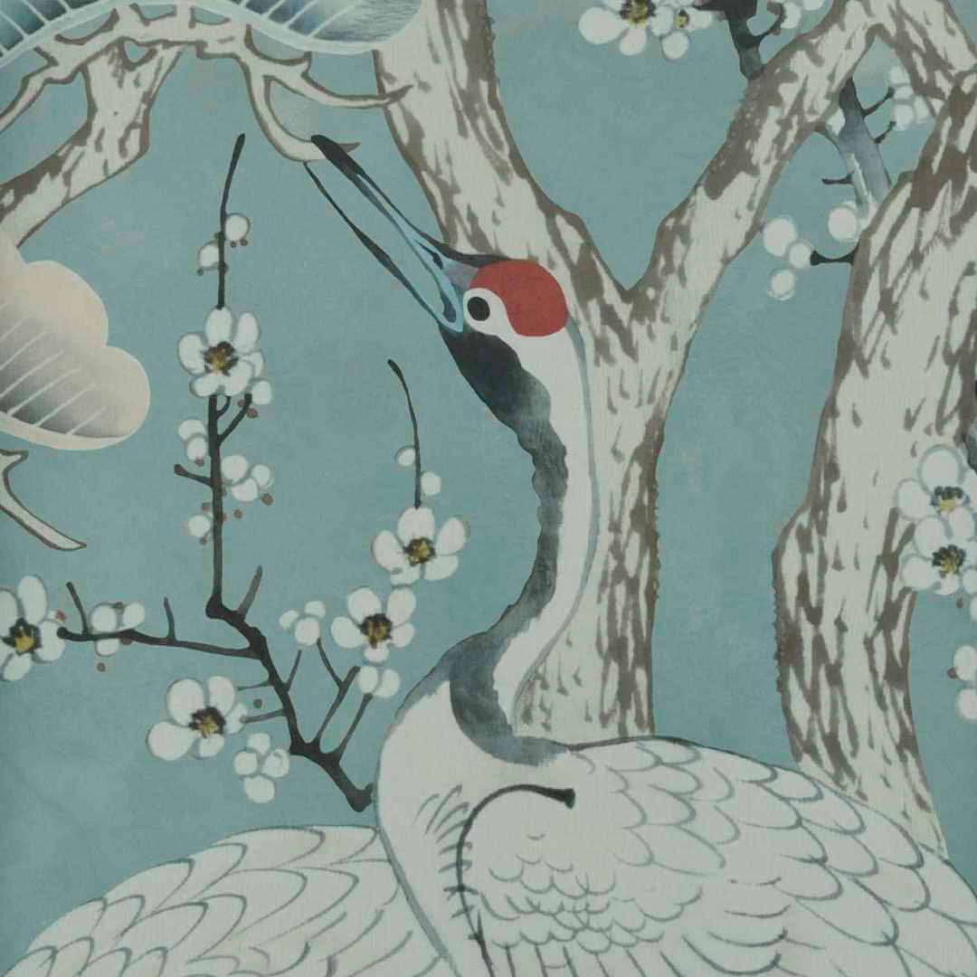 Mural w japońskim stylu z żurawiami 1838 Wallcoverings 2311-174-03 Kyoto Blossom Mist V&A Decorative Papers