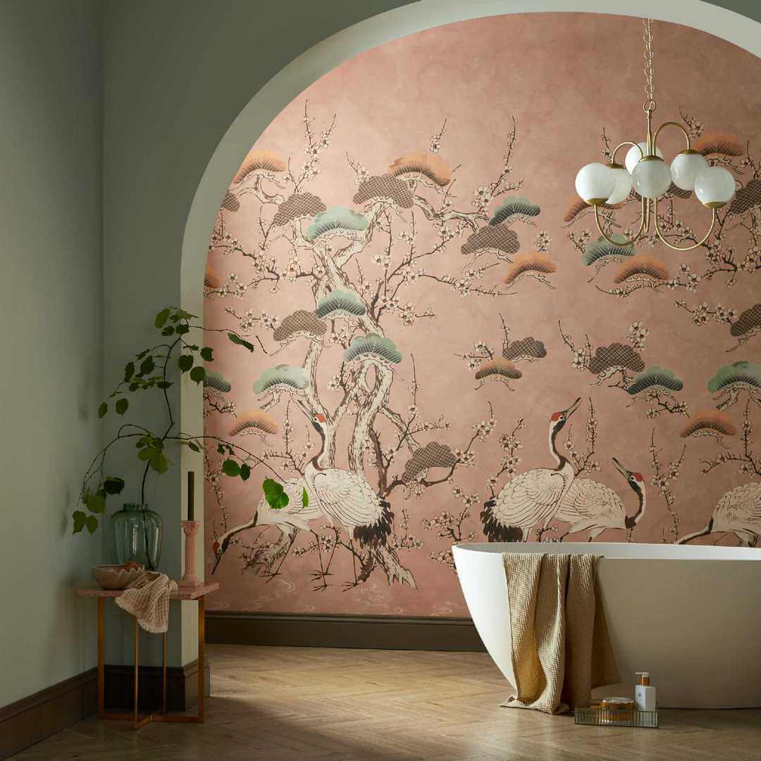 Mural w japońskim stylu z żurawiami 1838 Wallcoverings 2311-174-04 Kyoto Blossom Sandstone V&A Decorative Papers