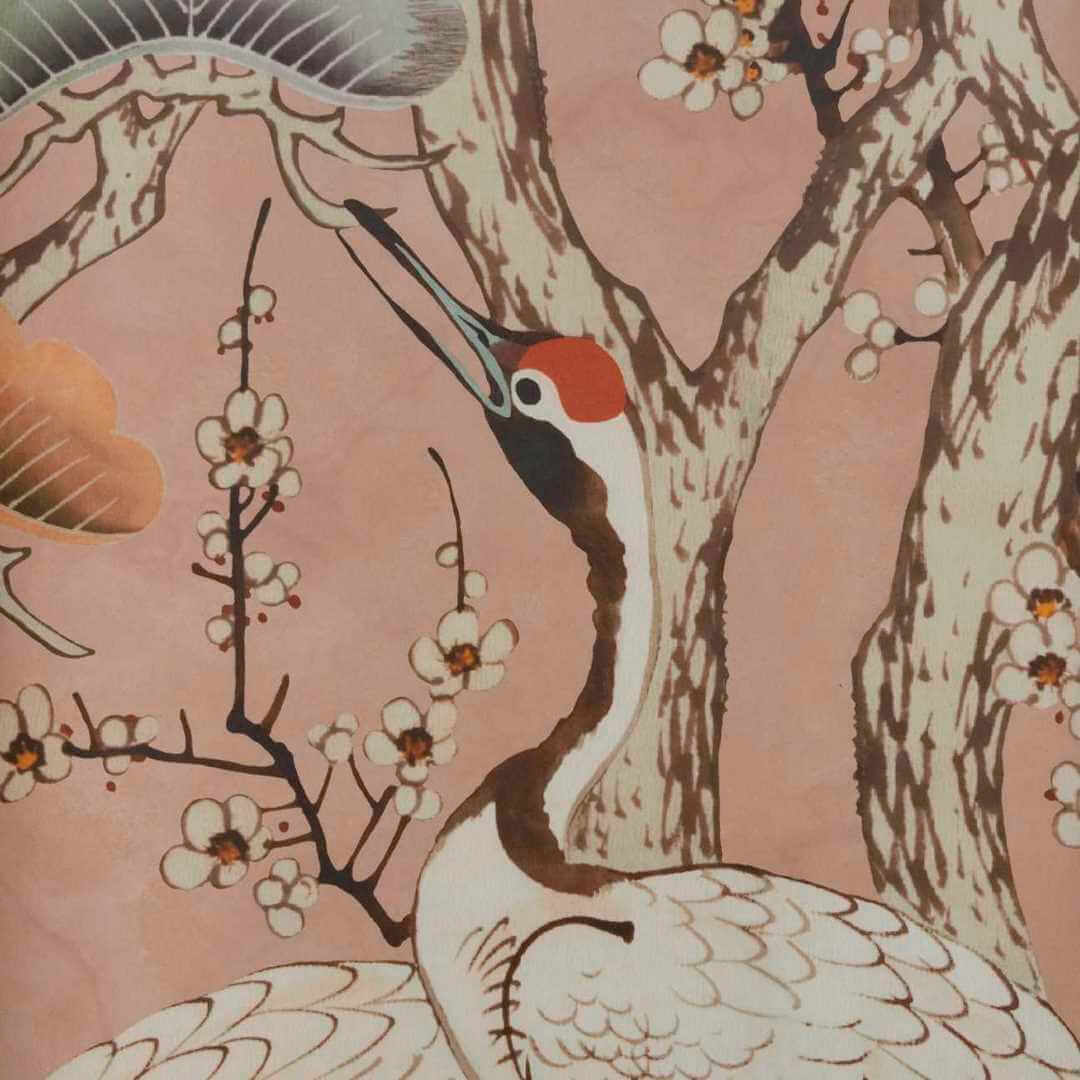 Mural w japońskim stylu z żurawiami 1838 Wallcoverings 2311-174-04 Kyoto Blossom Sandstone V&A Decorative Papers