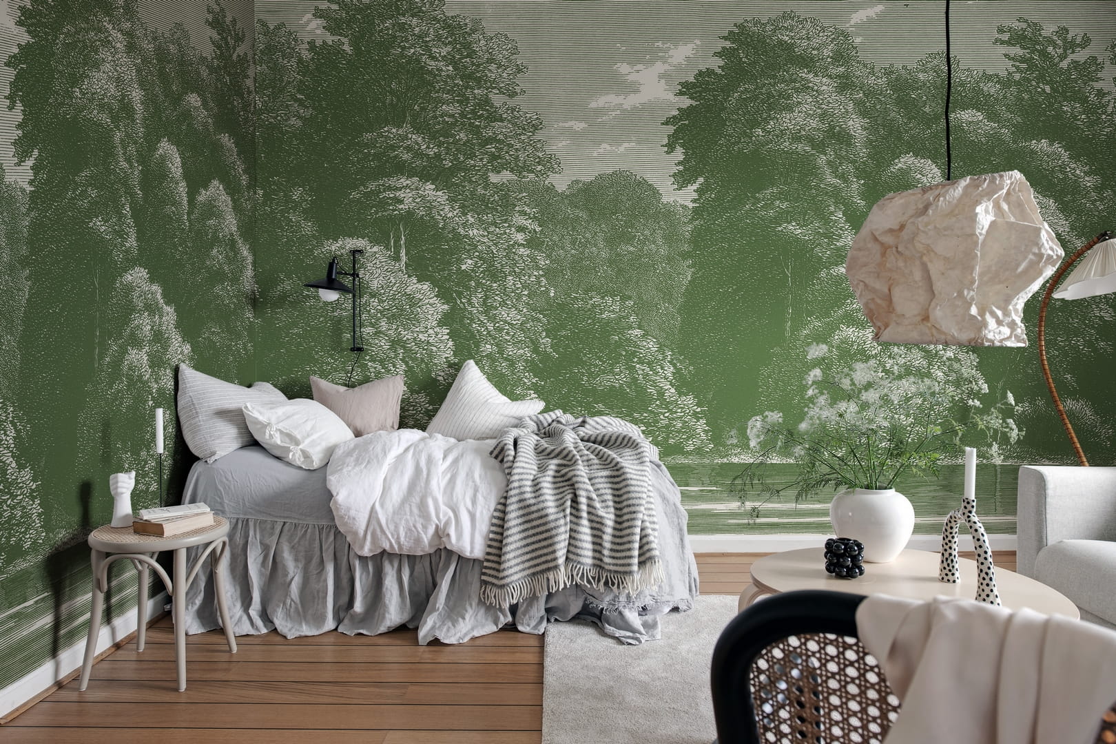 Fototapeta krajobraz lasu Rebel Walls R19220 Spring Season Green Vintage Brocade
