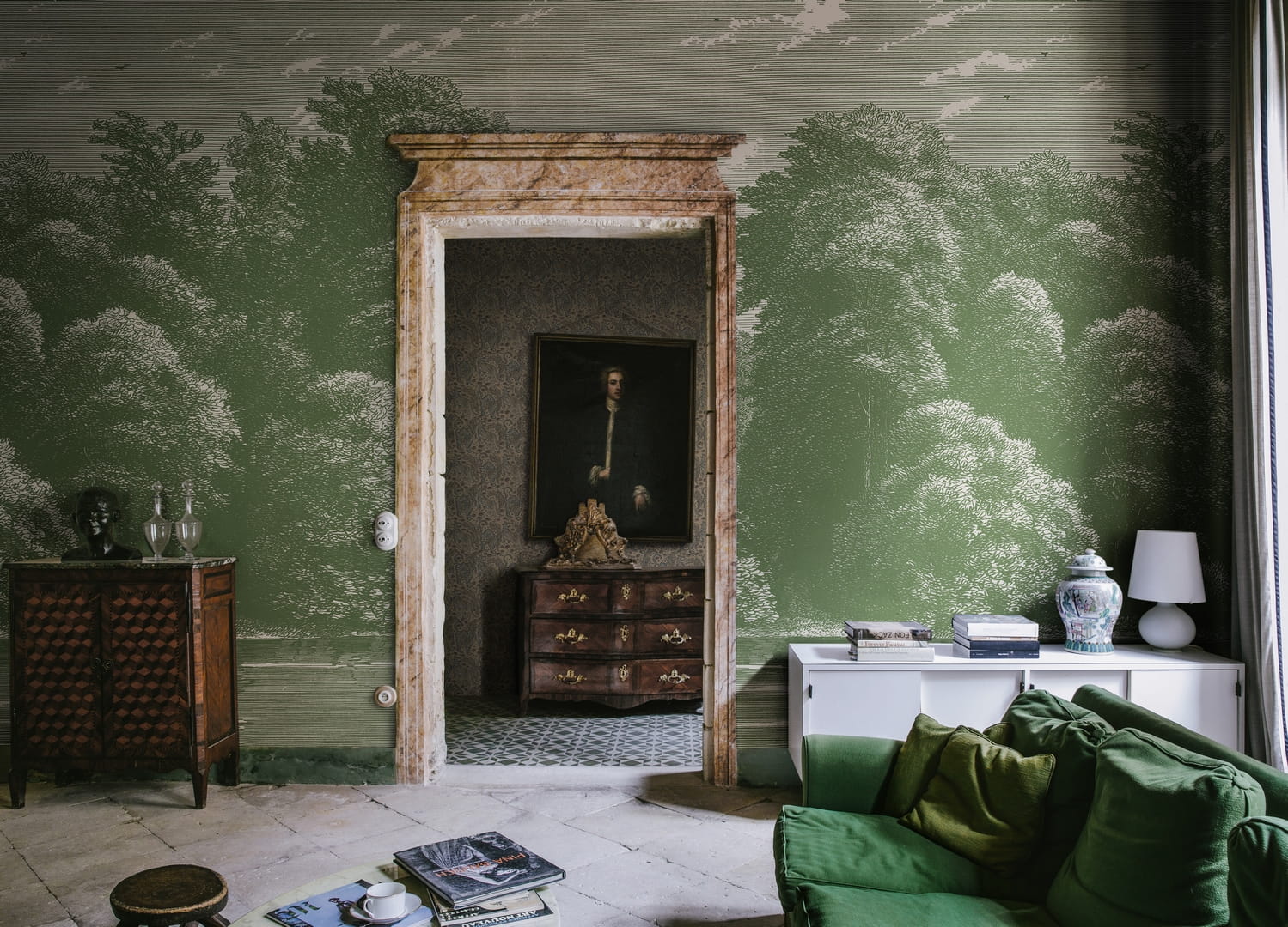 Fototapeta krajobraz lasu Rebel Walls R19220 Spring Season Green Vintage Brocade