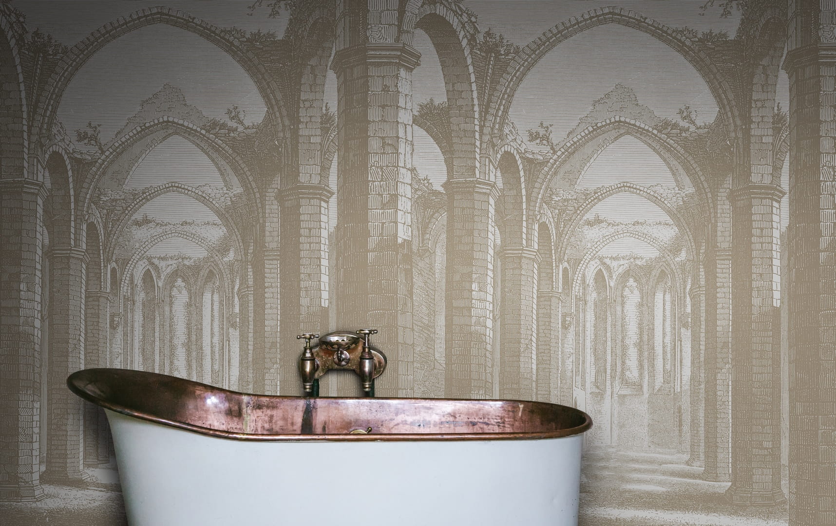 Fototapeta gotycka architektura Rebel Walls R19222 Gothic Arches Sand Vintage Brocade