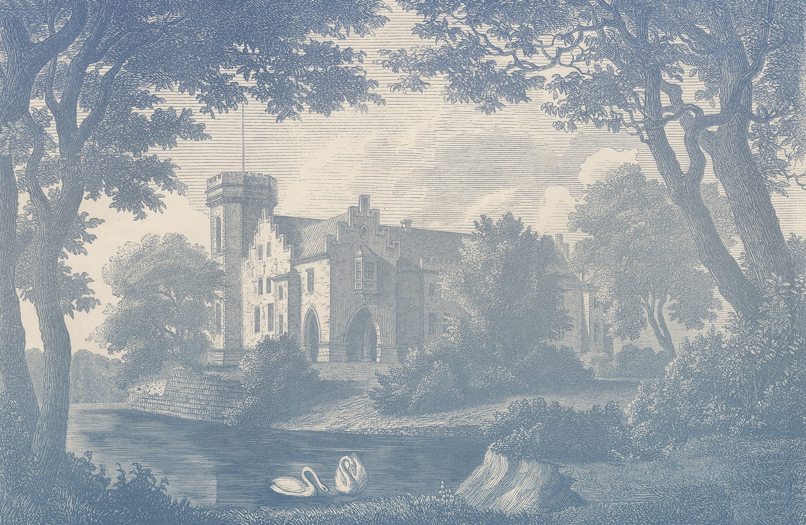 Fototapeta krajobraz zamku Rebel Walls R19225 Swan Pond Blue Vintage Brocade