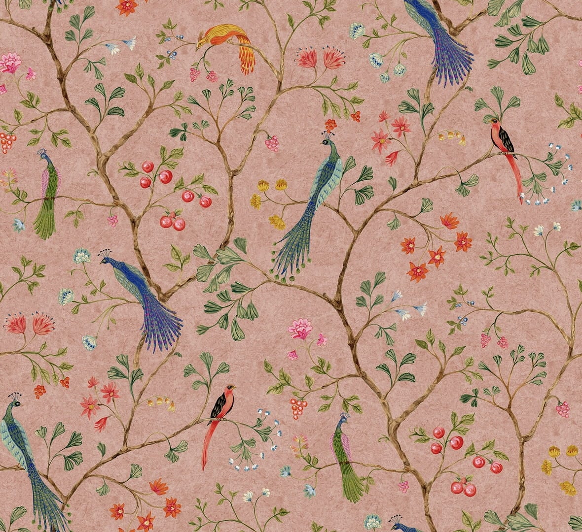Fototapeta botaniczna Rebel Walls R19248 Songbirds Pink Vintage Brocade