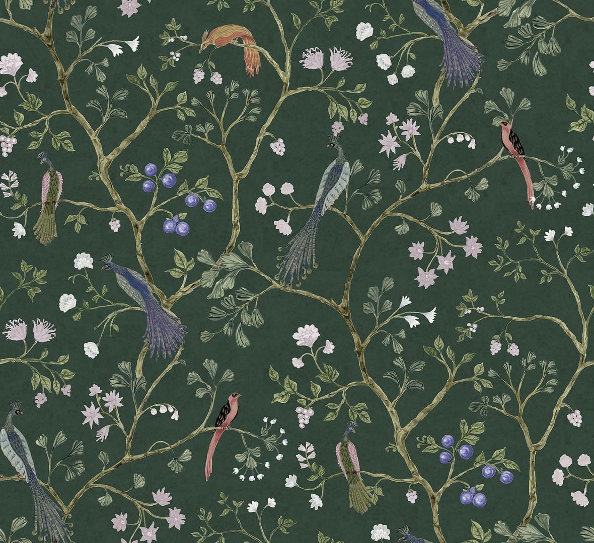 Fototapeta botaniczna Rebel Walls R19250 Songbirds Emerald Vintage Brocade
