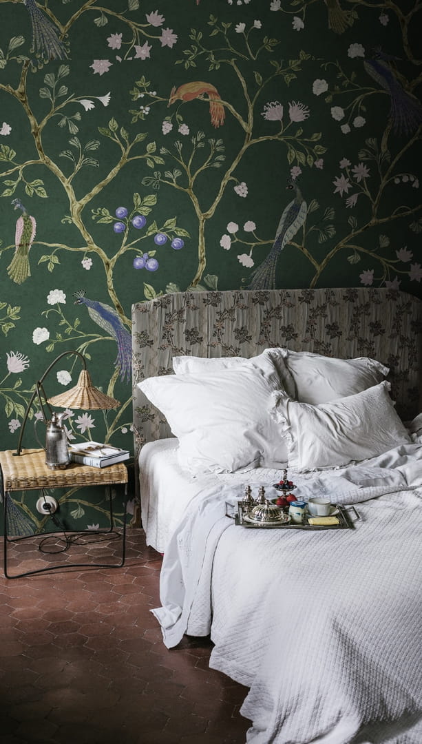 Fototapeta botaniczna Rebel Walls R19250 Songbirds Emerald Vintage Brocade