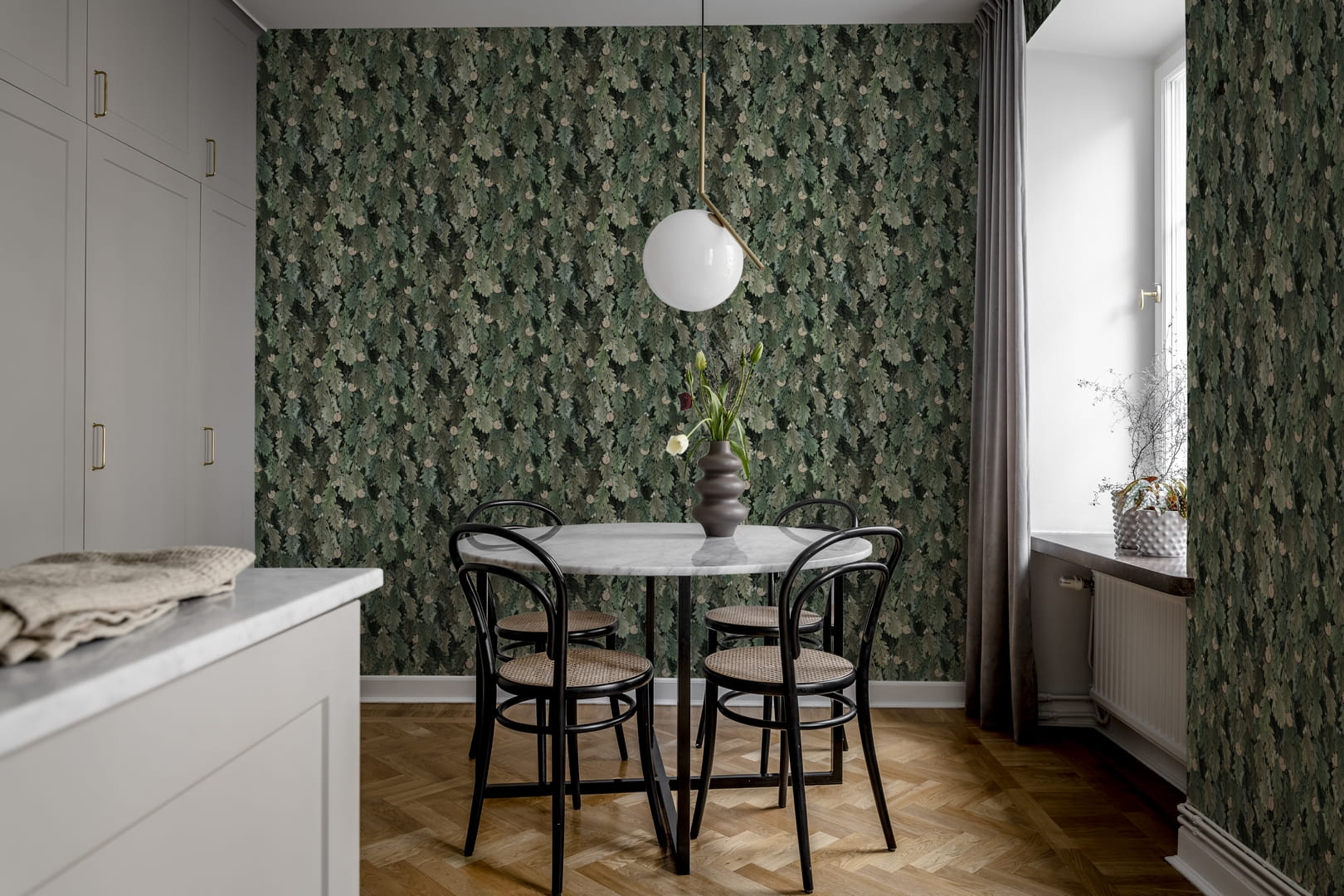 Tapeta liście i zegarki Rebel Walls R19271 No Time to Waste Green Vintage Brocade