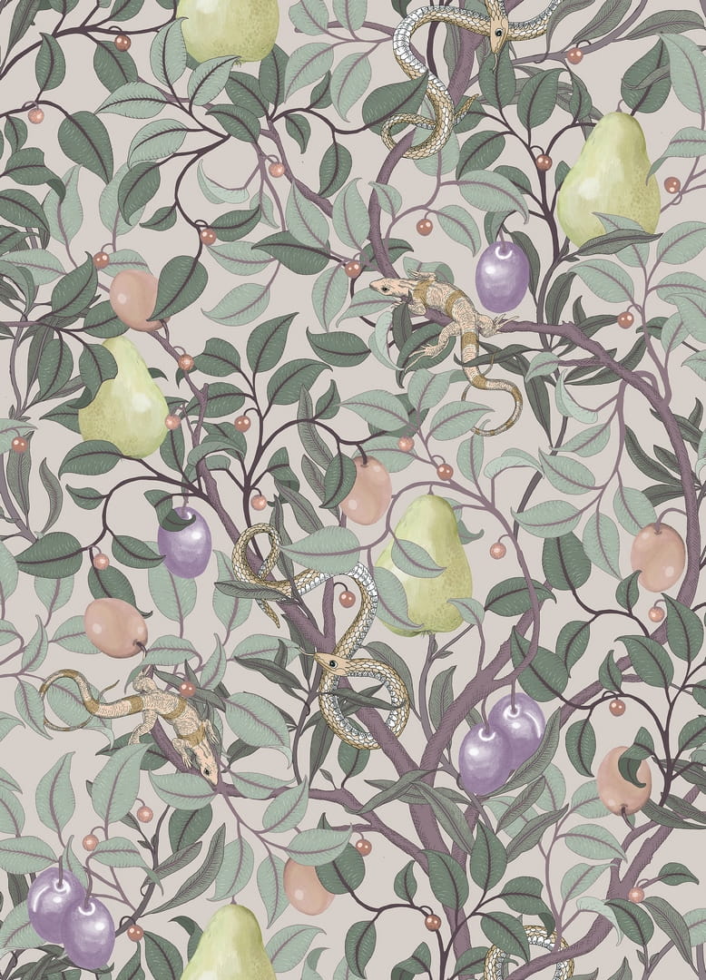 Tapeta owoce i gady Rebel Walls R19274 Fruit Garden Pastel Vintage Brocade