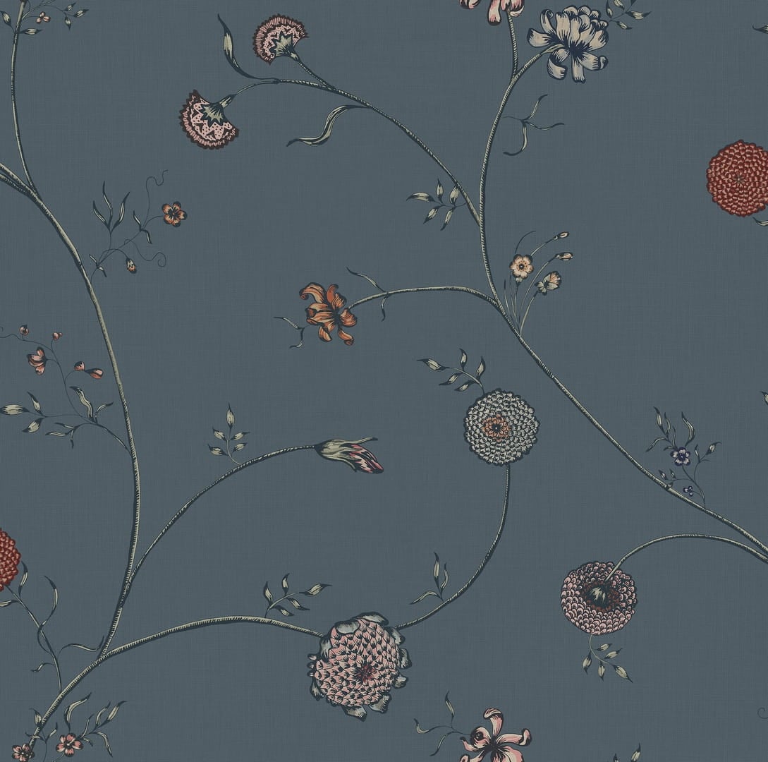 Tapeta delikatne kwiaty Rebel Walls R19282 Flower Thread Blue Vintage Brocade