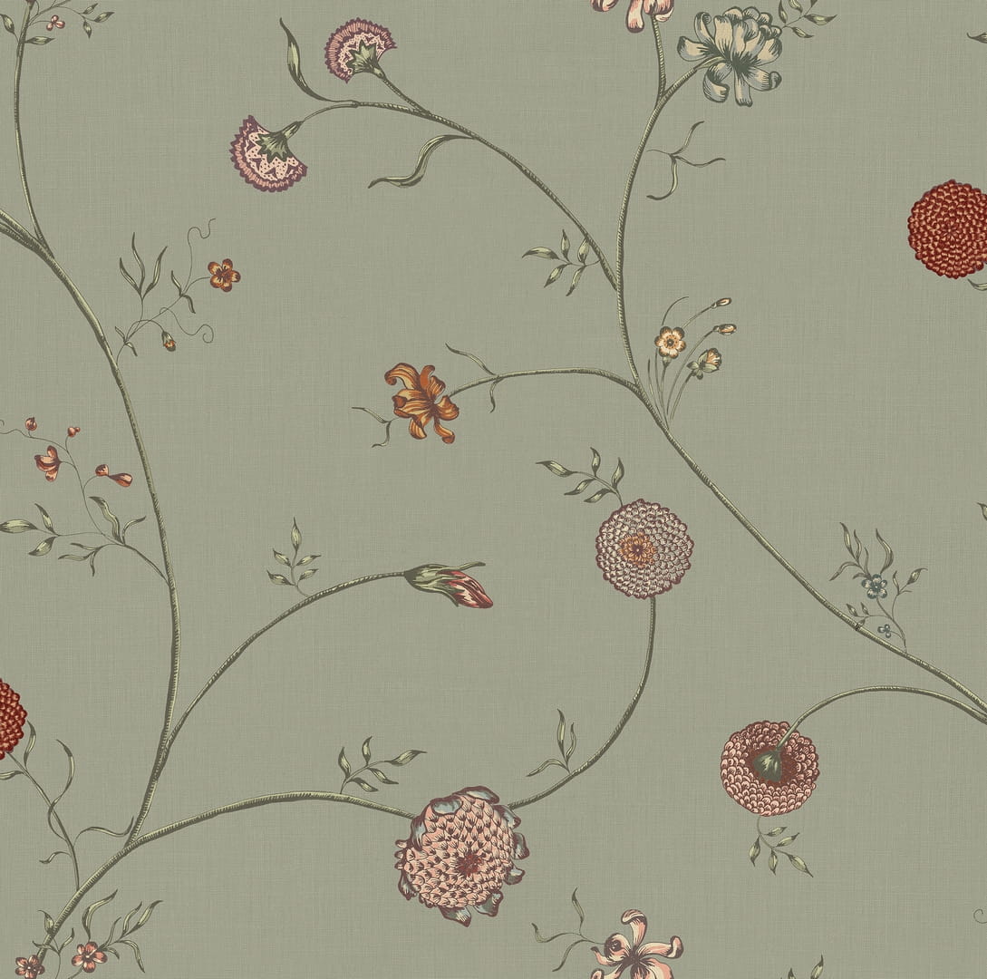 Tapeta delikatne kwiaty Rebel Walls R19283 Flower Thread Green Vintage Brocade