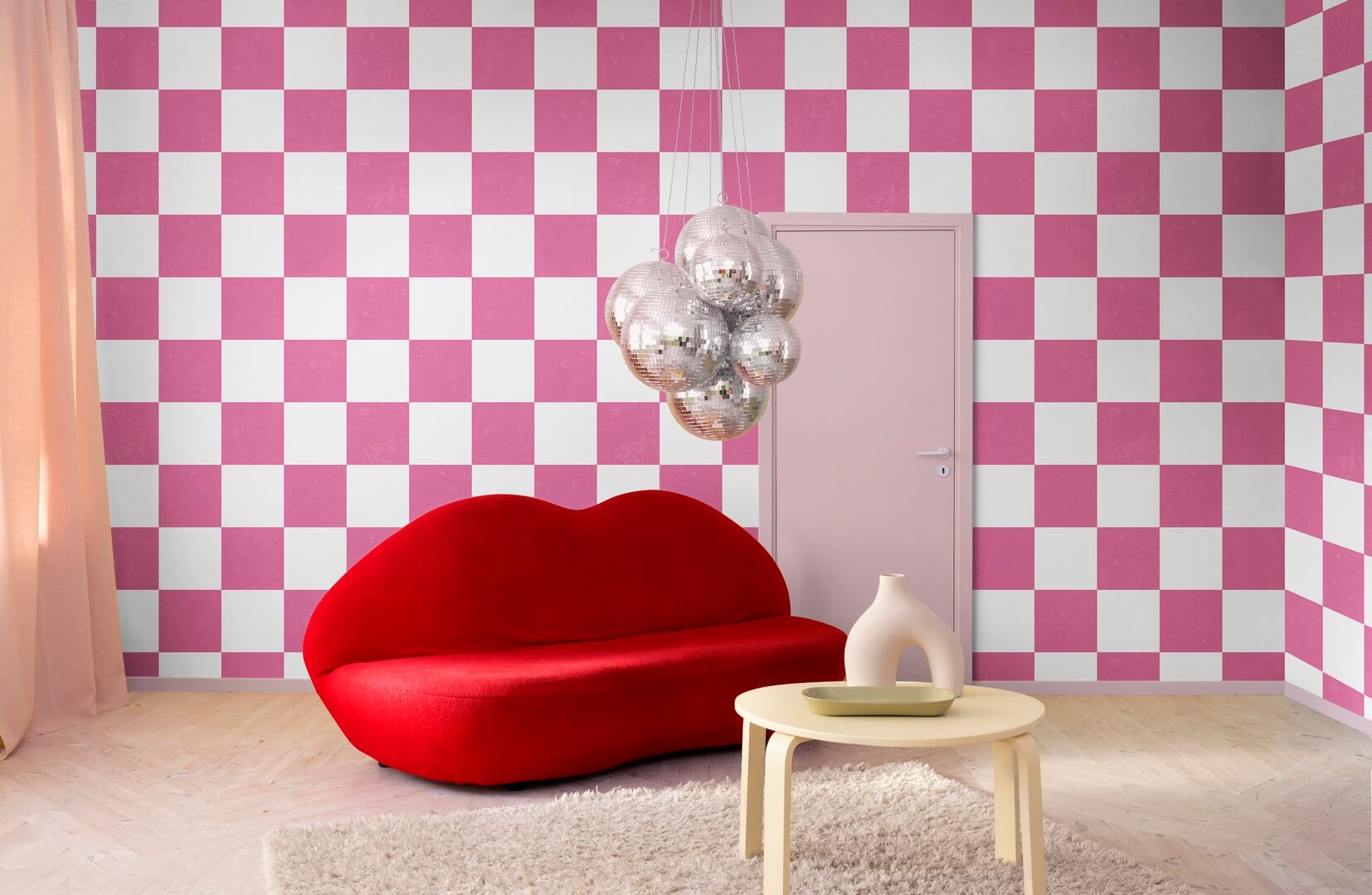 Fototapeta geometryczna szachownica Rebel Walls R19414 Chess Pink Maximalism More is More