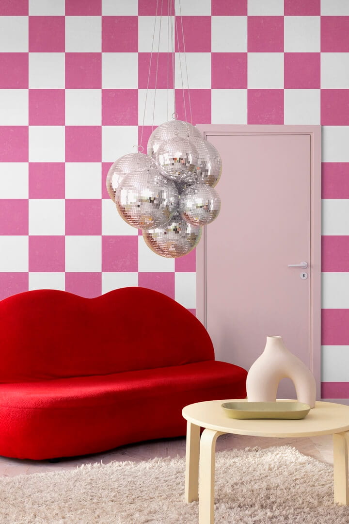 Fototapeta geometryczna szachownica Rebel Walls R19414 Chess Pink Maximalism More is More