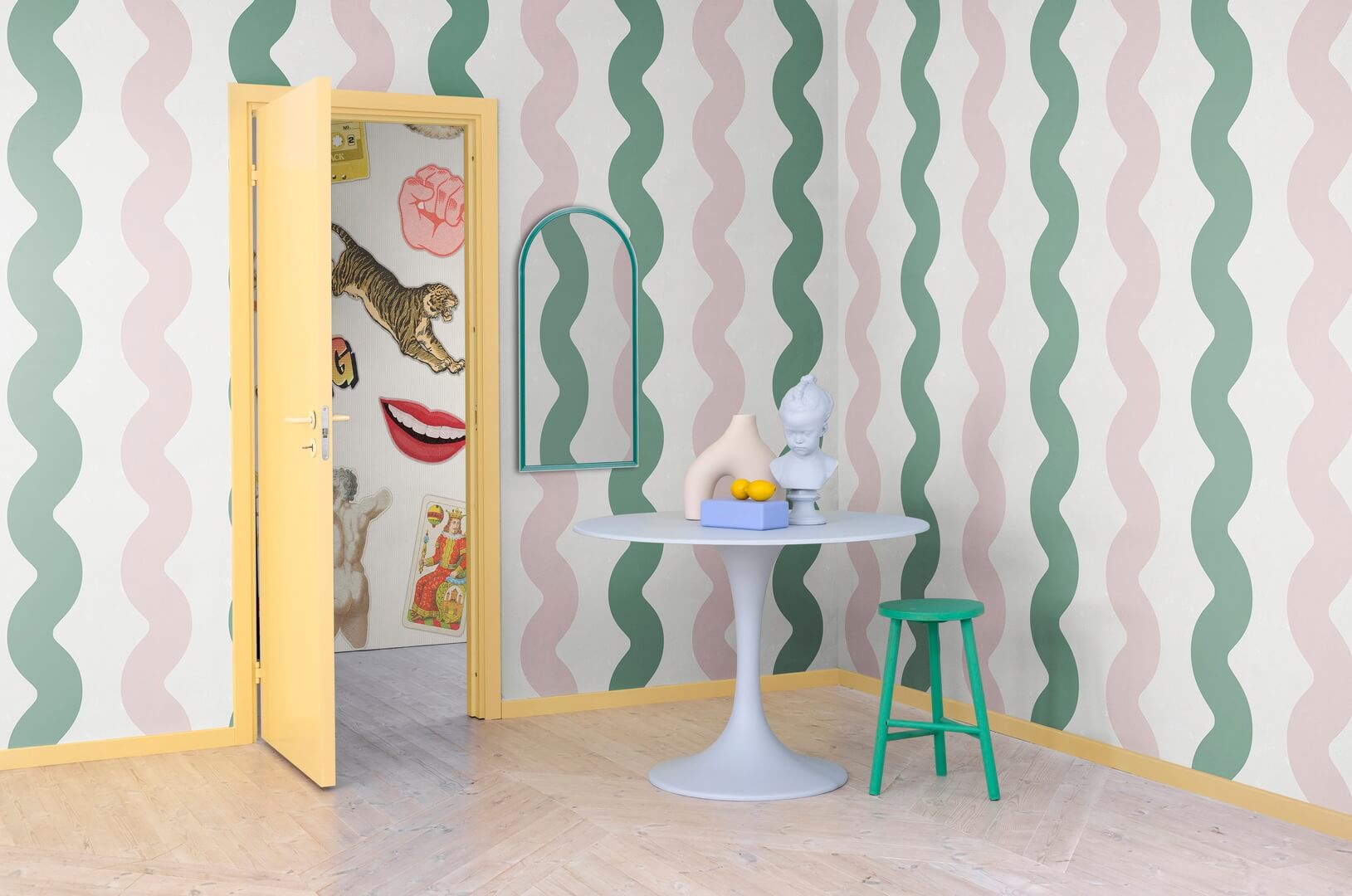 Fototapeta falujące paski Rebel Walls R19424 Wobbly Green Pink Maximalism More is More
