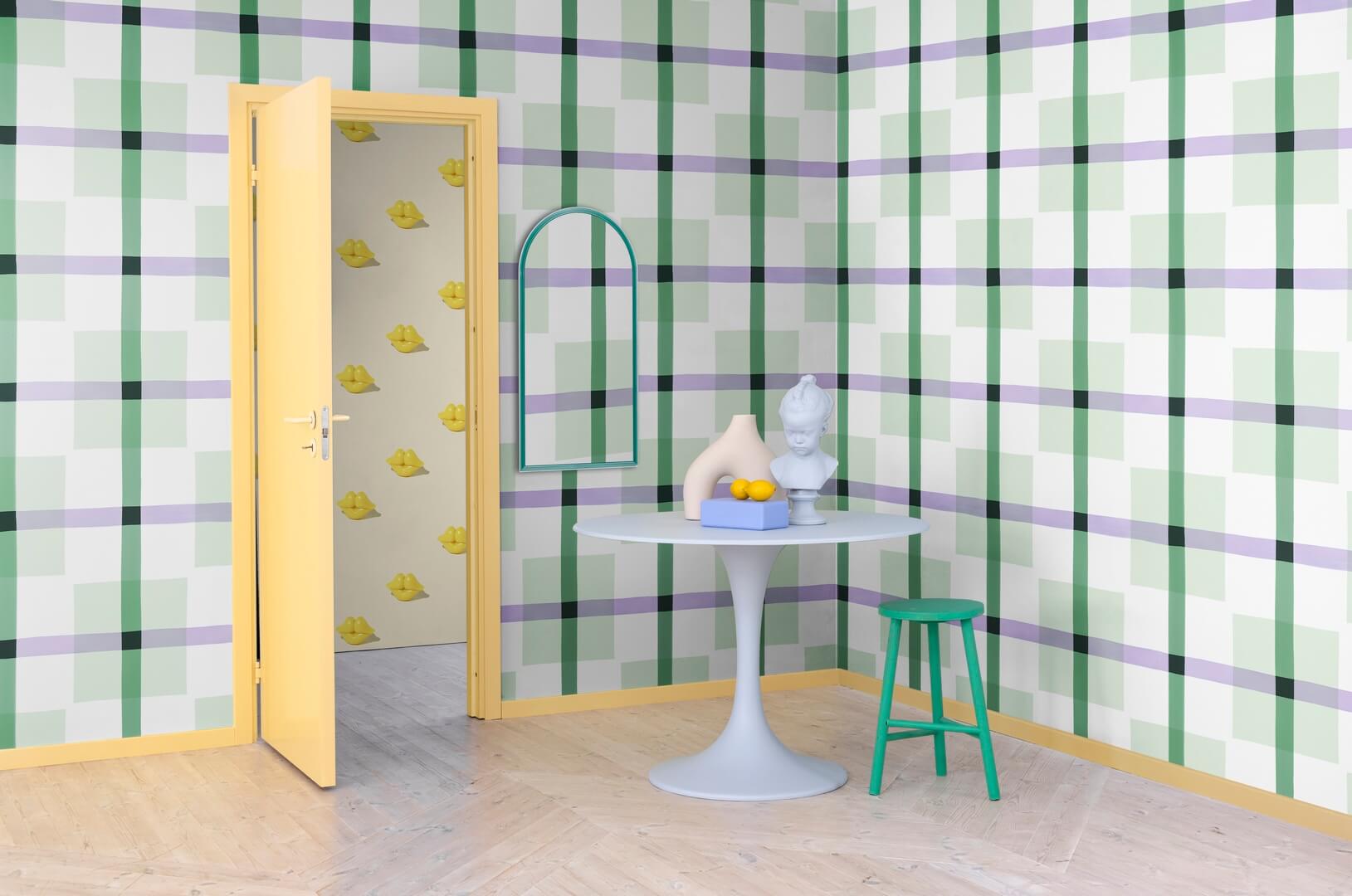 Fototapeta nowoczesna krata Rebel Walls R19427 Outside the Box Green Lilac Maximalism More is More