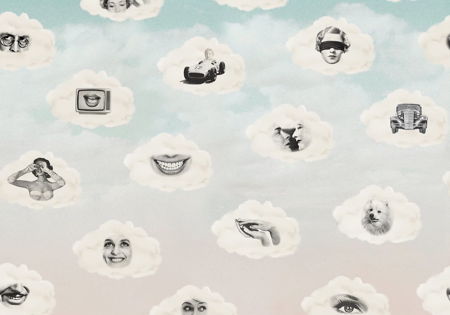 Fototapeta chmury retro Rebel Walls R19467 Retro Clouds Blue Maximalism More is More