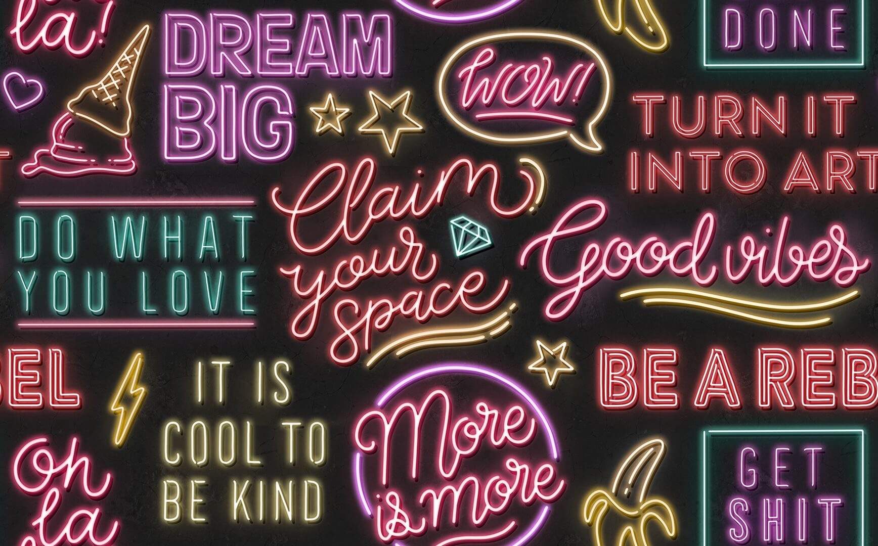 Fototapeta neonowe napisy Rebel Walls R19472 Neon Vibes Black Maximalism More is More