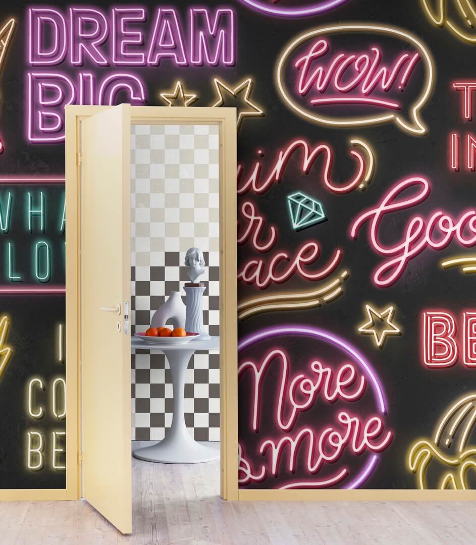 Fototapeta neonowe napisy Rebel Walls R19472 Neon Vibes Black Maximalism More is More