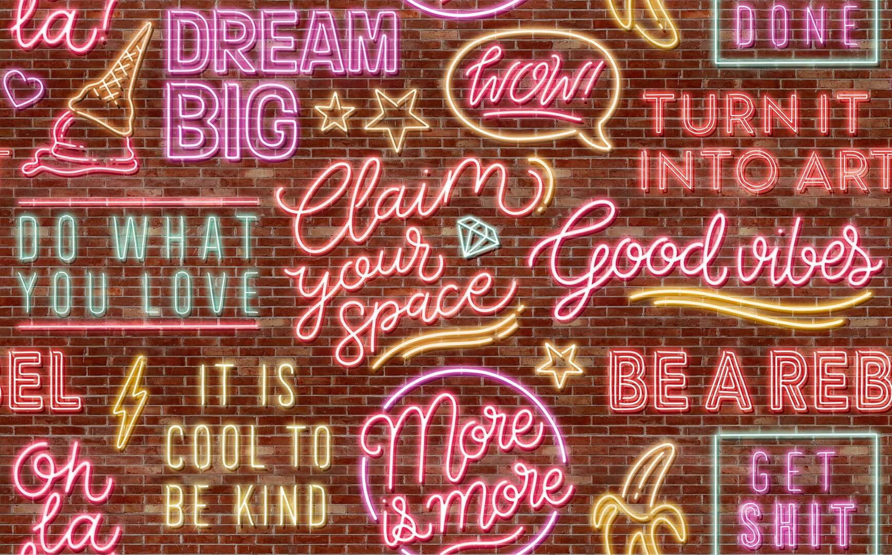 Fototapeta neonowe napisy i cegła Rebel Walls R19473 Neon Vibes Brickwall Maximalism More is More
