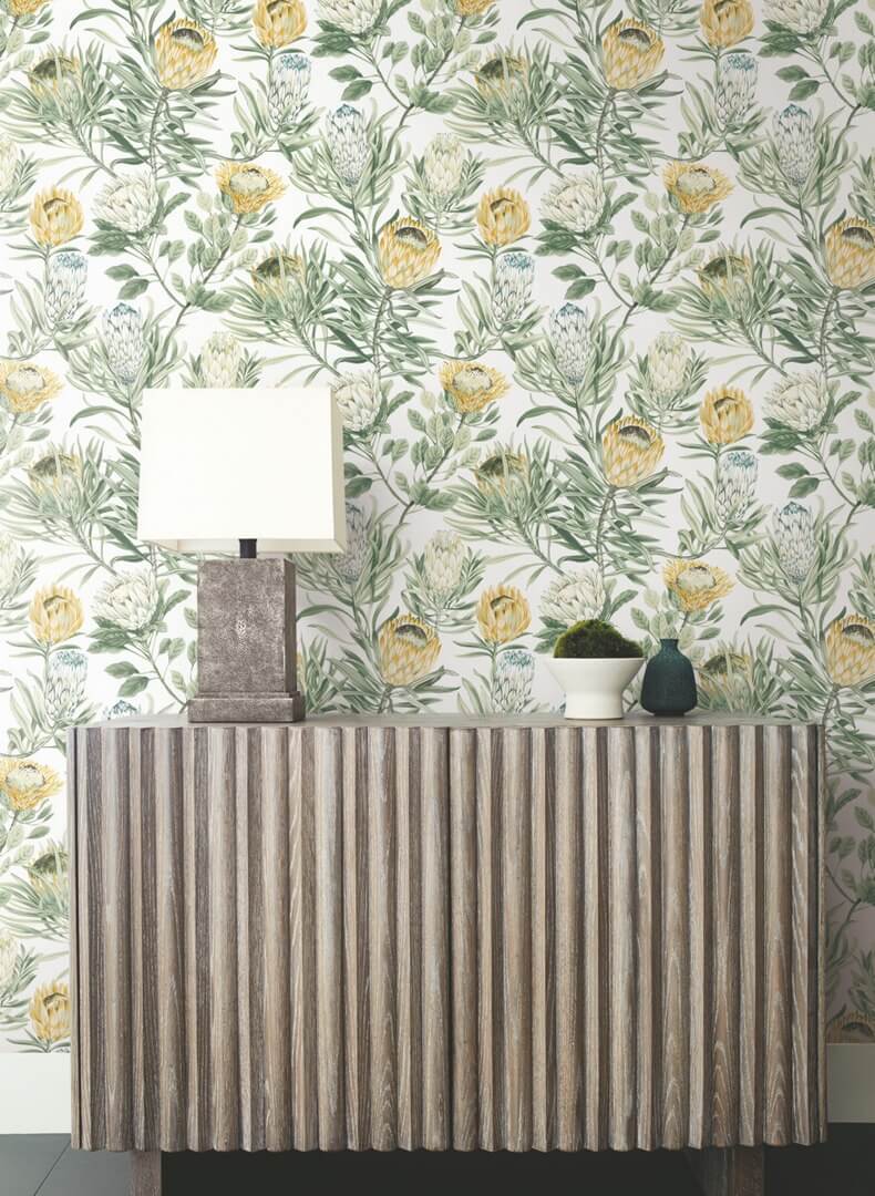 Tapeta kwiaty srebrnika York Wallcoverings BL1754 Protea Blooms II