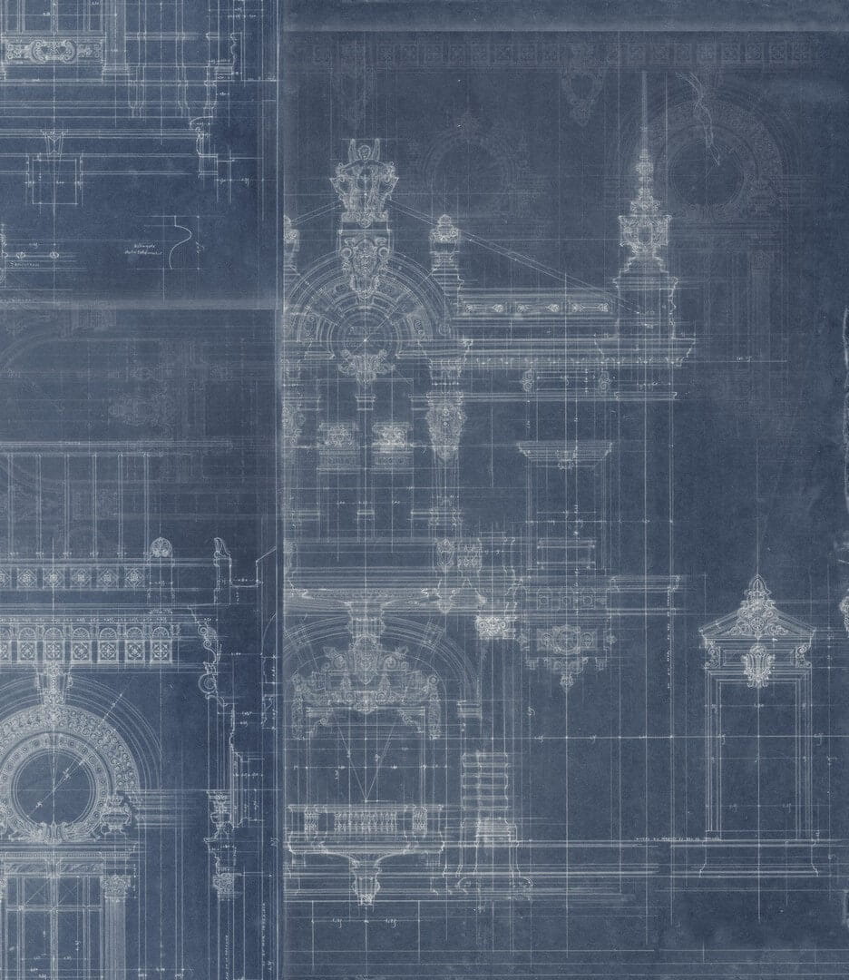 Mural szkic architektoniczny Mind the Gap GARNIER Blue WP20216 Premium Designer Wallpaper Collection