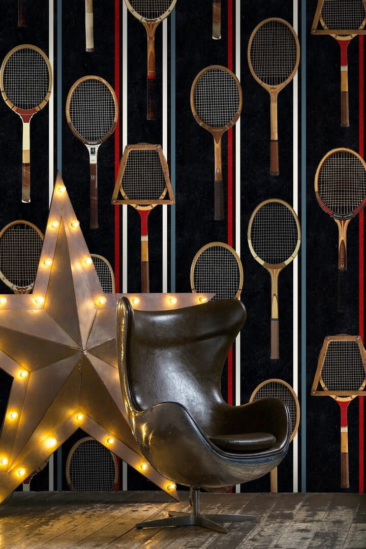 Mural rakiety tenisowe w stylu retro Mind the Gap THE GAME Anthracite WP20244 Premium Designer Wallpaper Collection