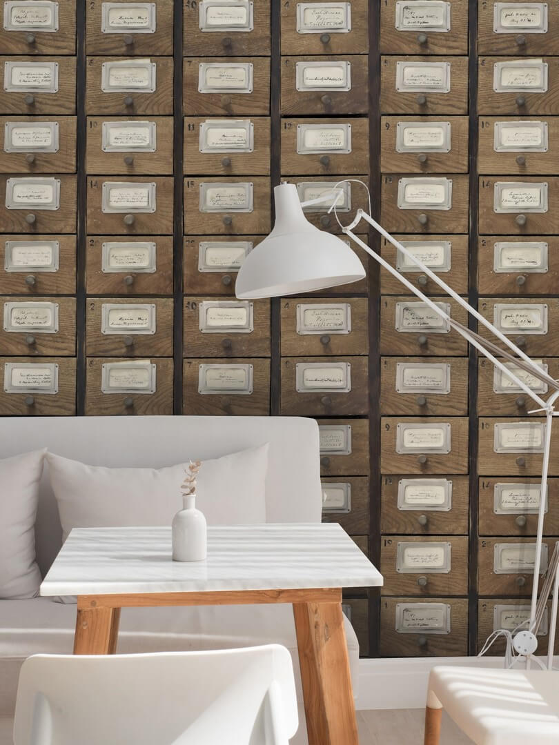 Mural szafki apteczne vintage Mind the Gap APOTHECARY Neutral WP20264 Premium Designer Wallpaper Collection