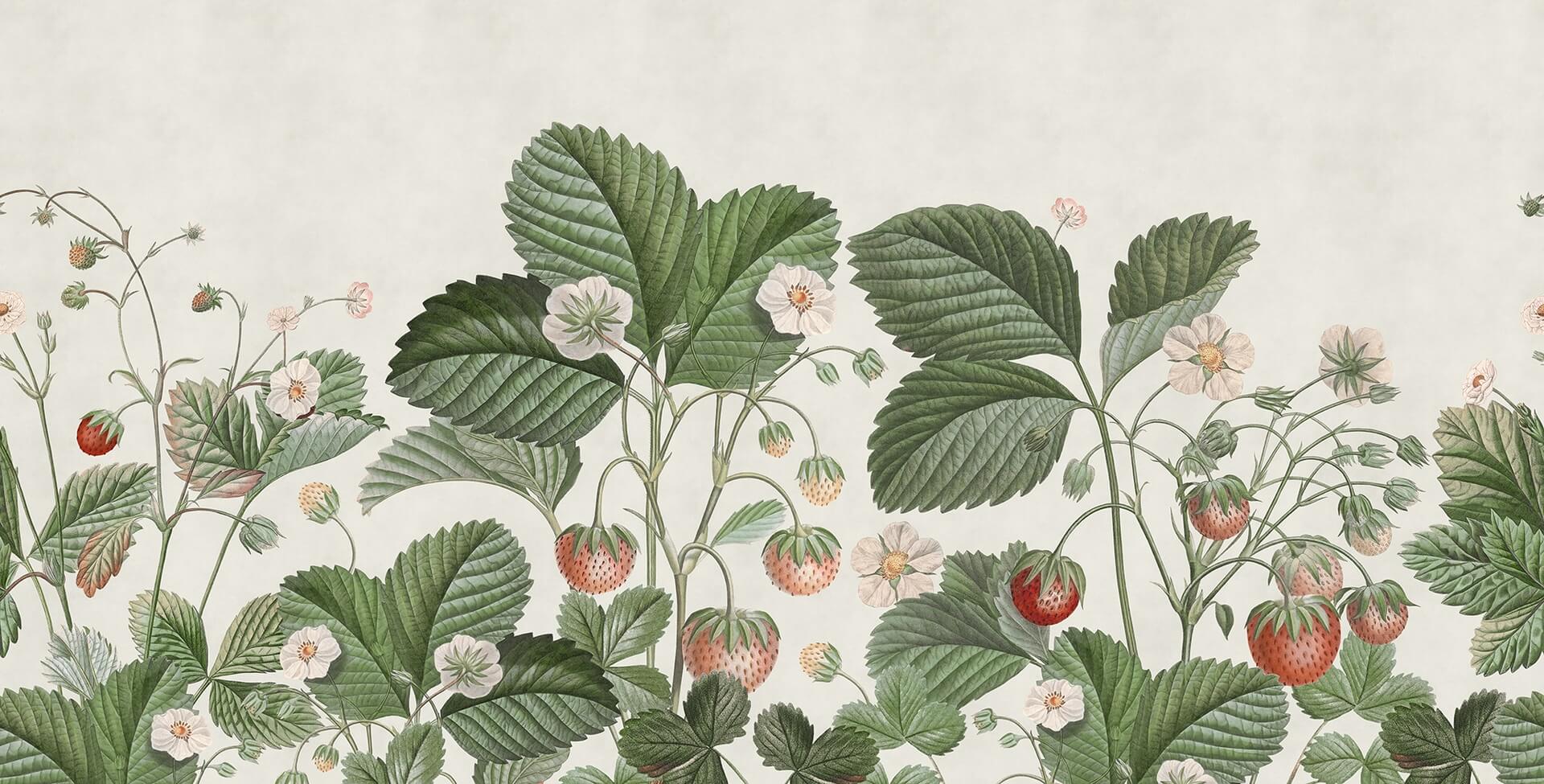 Fototapeta roślinna truskawki i poziomki Rebel Walls R18697 Wild Strawberries Green Cottage Core