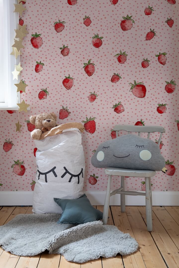 Fototapeta truskawki Rebel Walls R18701 Berry Cute Pink Cottage Core