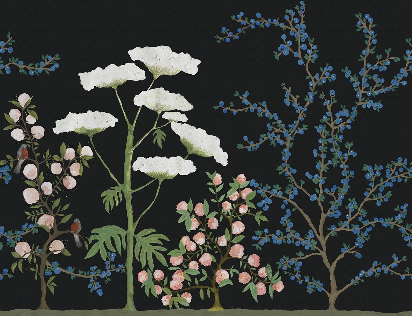 Fototapeta botaniczna chinoiserie Rebel Walls R18711 Crowberry Midnight Cottage Core