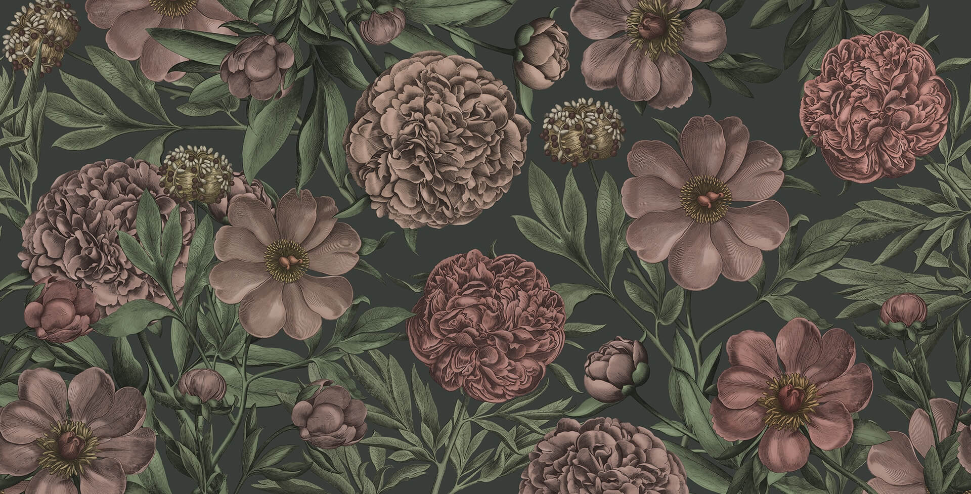 Fototapeta kwiaty piwonie vintage Rebel Walls R18718 Peony Delight Midnight Cottage Core