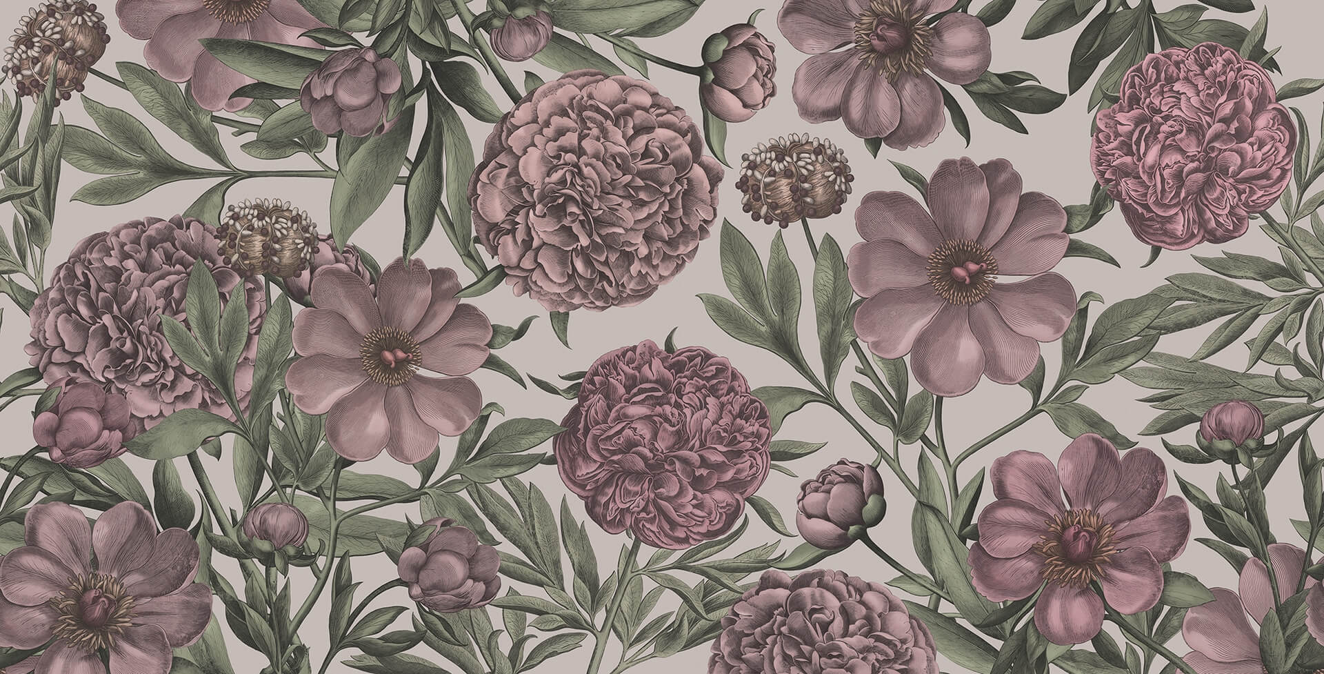 Fototapeta kwiaty piwonie vintage Rebel Walls R18719 Peony Delight Purple Cottage Core